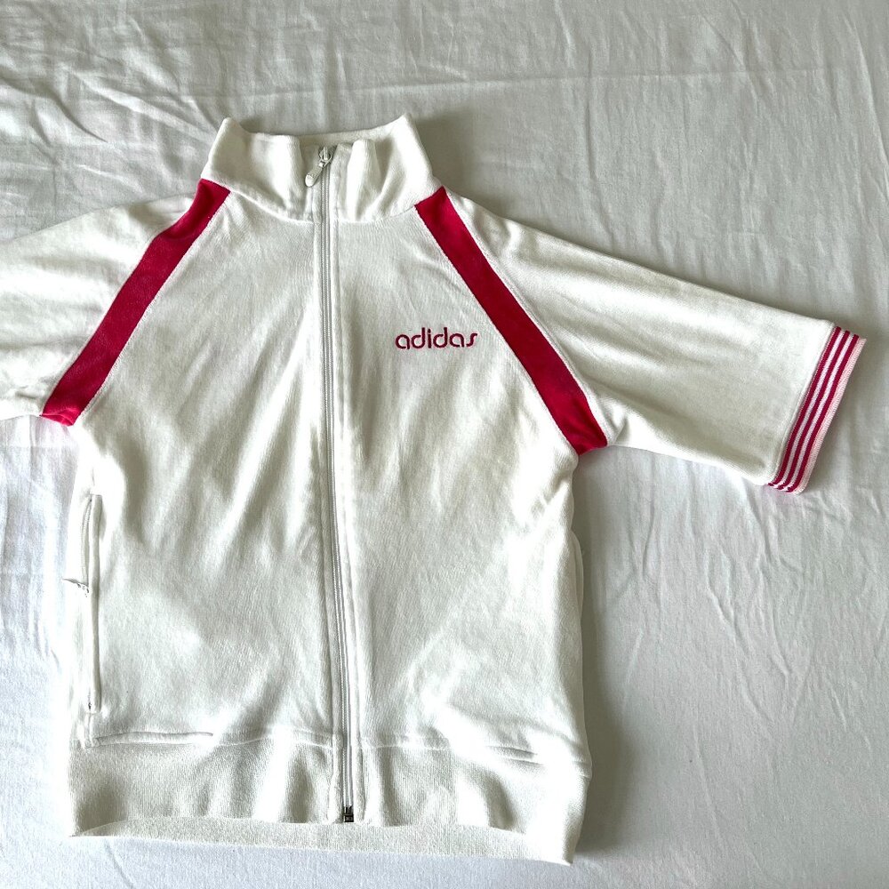Vintage Y2K Pink & White Velvet Adidas Short Sleeve Zip Jacket